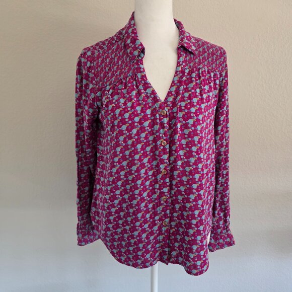 Anthropologie Maeve Amara Printed Smocked Button Up Blouse Long Sleeve Size 4 - Picture 1 of 8